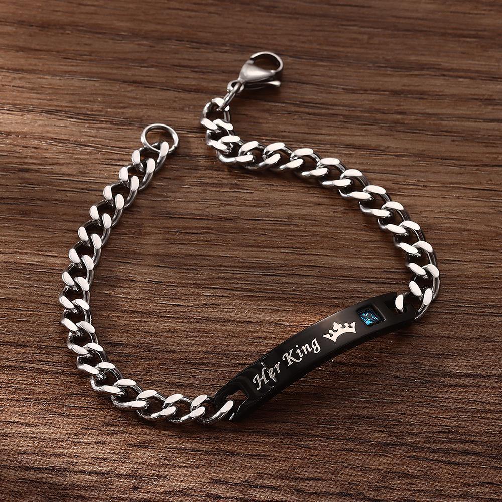 Engraved Bracelet ID Bracelet with Crown Your King for Boyfriend/Husband