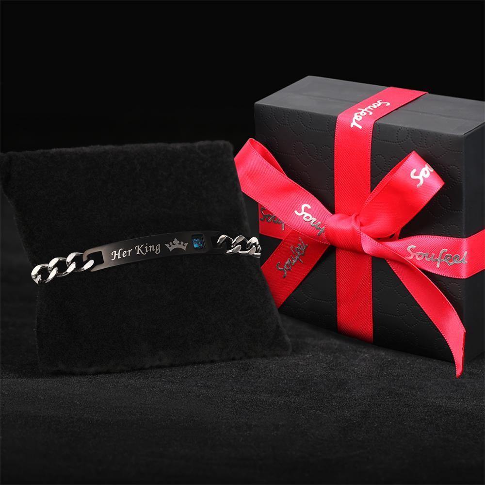 Engraved Bracelet ID Bracelet with Crown Your King for Boyfriend/Husband