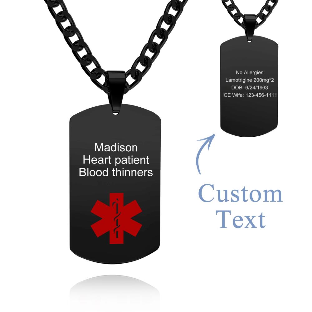 Medical Alert Emergency ID Necklace Men's Tag Necklace with Double Sides Engraving Stainless Steel Personalized Medical Necklace