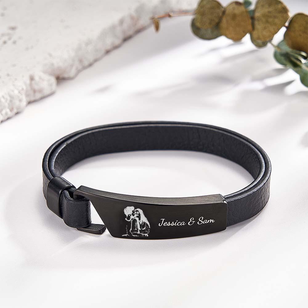 Custom Photo Leather Bracelet With Text Simple Retro Bracelet Gift For Men