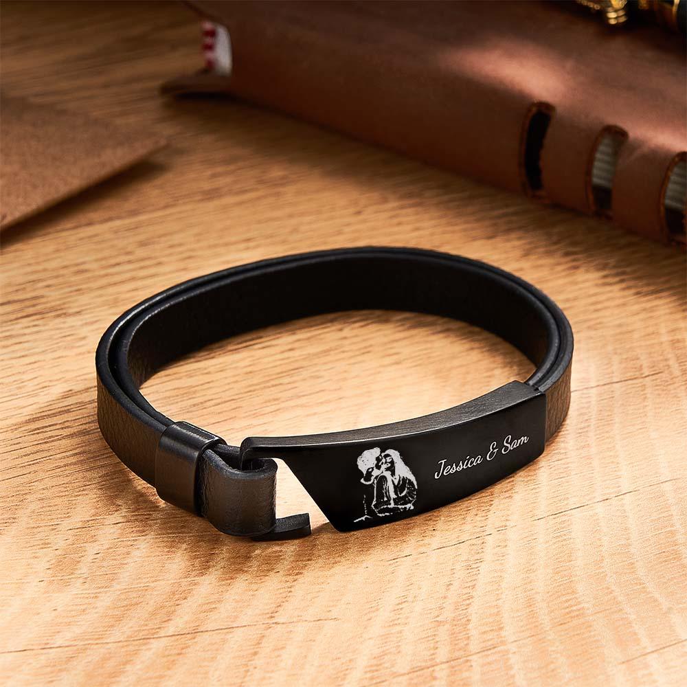 Custom Photo Leather Bracelet With Text Simple Retro Bracelet Gift For Men