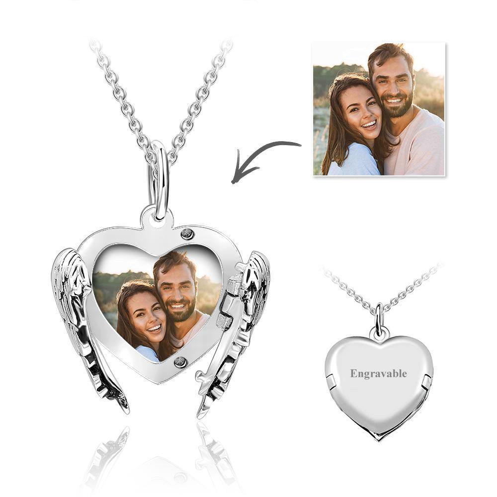 Engravable Photo Locket Necklace Personalized Heart Angel Wings Christmas Gifts