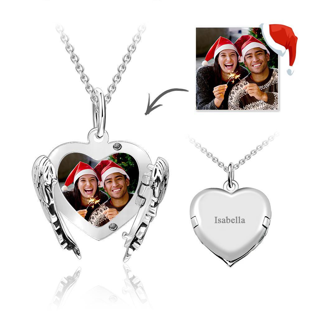 Engravable Photo Locket Necklace Personalized Heart Angel Wings Christmas Gifts
