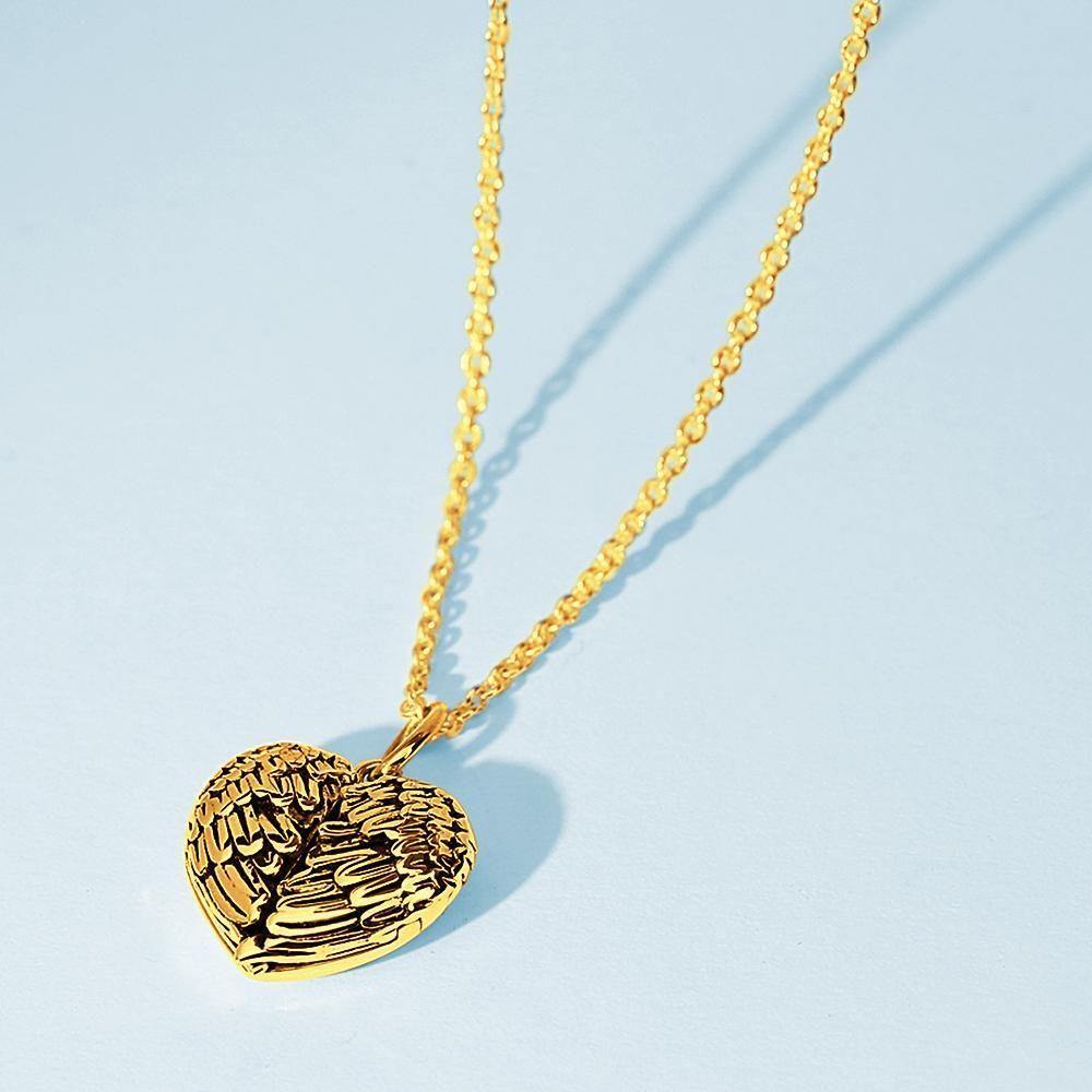 Engravable Photo Locket Necklace Heart Angel Wings Mother's Day Gifts Gold Plated Silver