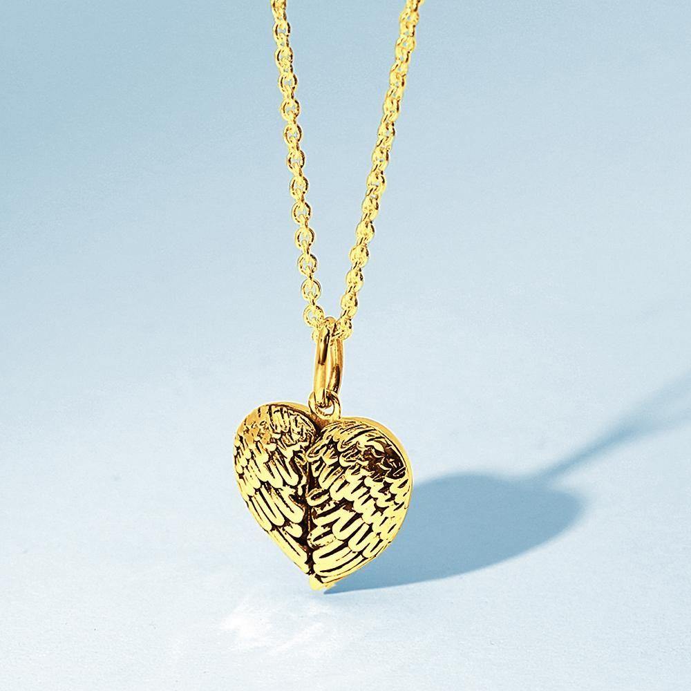 Engravable Photo Locket Necklace Heart Angel Wings Mother's Day Gifts Gold Plated Silver