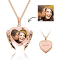 Photo Locket Necklace with Engraving Heart Angel Wings Mother's Gifts Rose Gold Plated