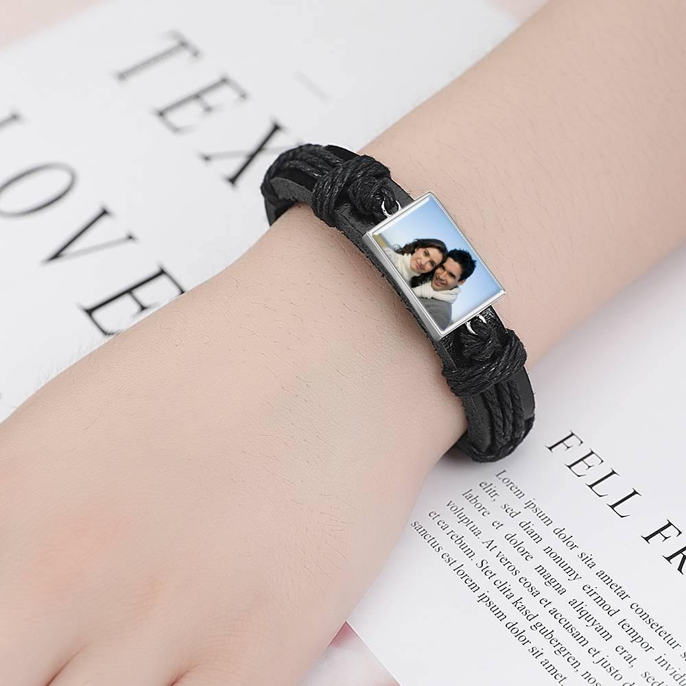 Photo Bracelet, Keepsake Gift Black Leather Square-shaped Platinum Plated Silver - Colorful