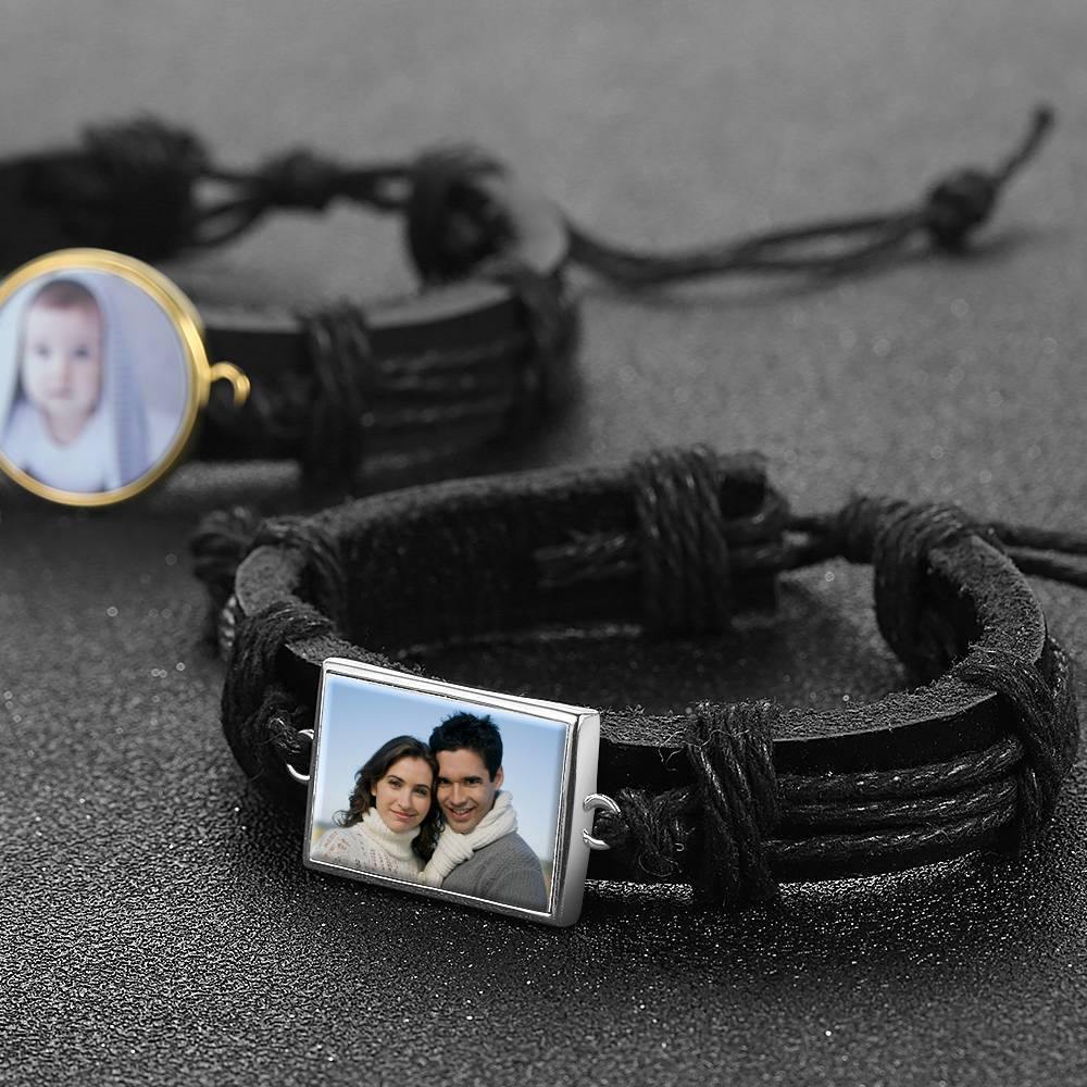 Photo Bracelet, Keepsake Gift Black Leather Square-shaped Platinum Plated Silver - Colorful