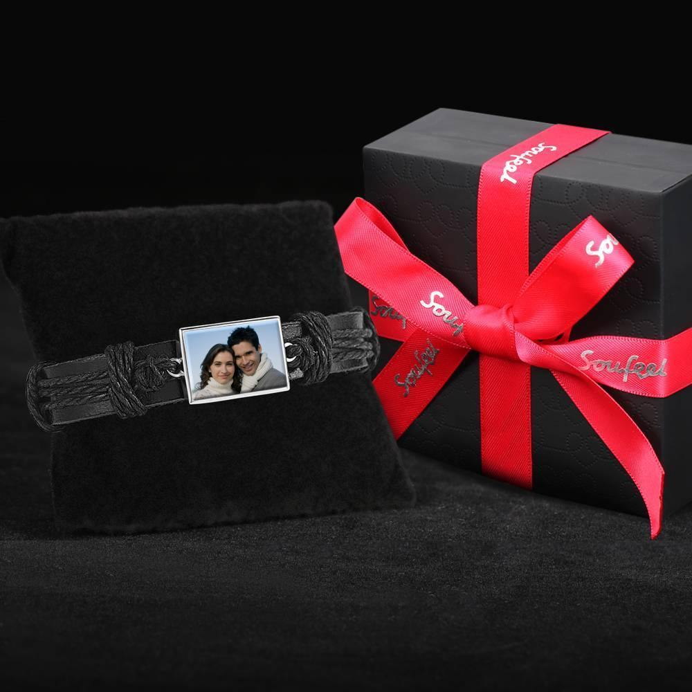 Photo Bracelet, Keepsake Gift Black Leather Square-shaped Platinum Plated Silver - Colorful