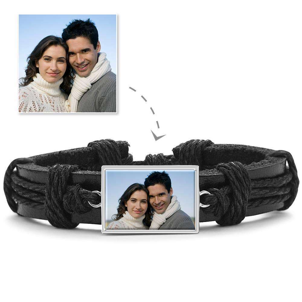 Photo Bracelet, Keepsake Gift Black Leather Square-shaped Platinum Plated Silver - Colorful