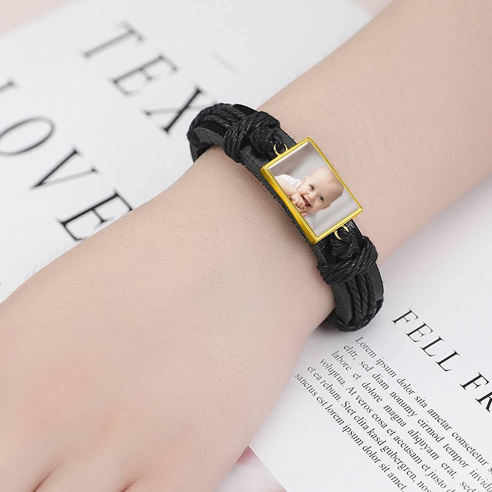 Photo Bracelet, Keepsake Gift Black Leather Square-shaped 14K Plated Gold Golden - Colorful