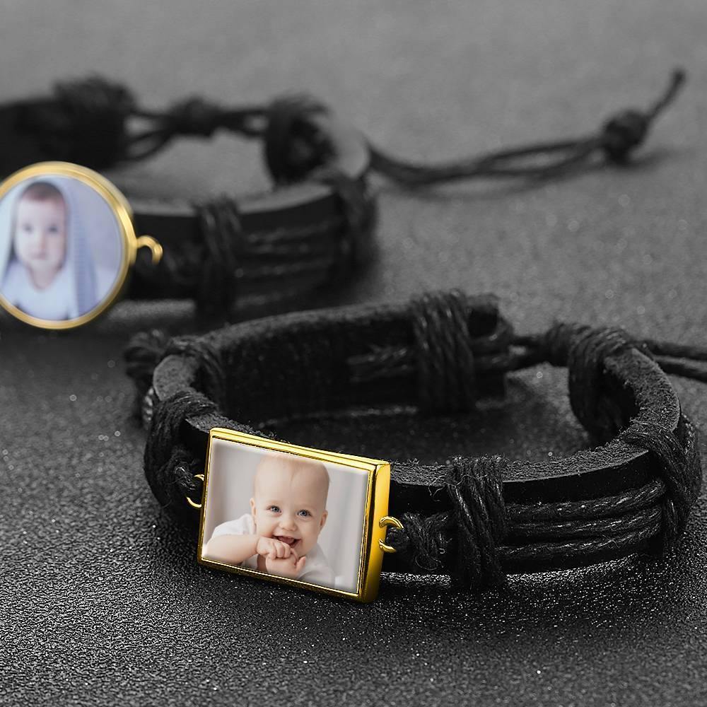 Photo Bracelet, Keepsake Gift Black Leather Square-shaped 14K Plated Gold Golden - Colorful