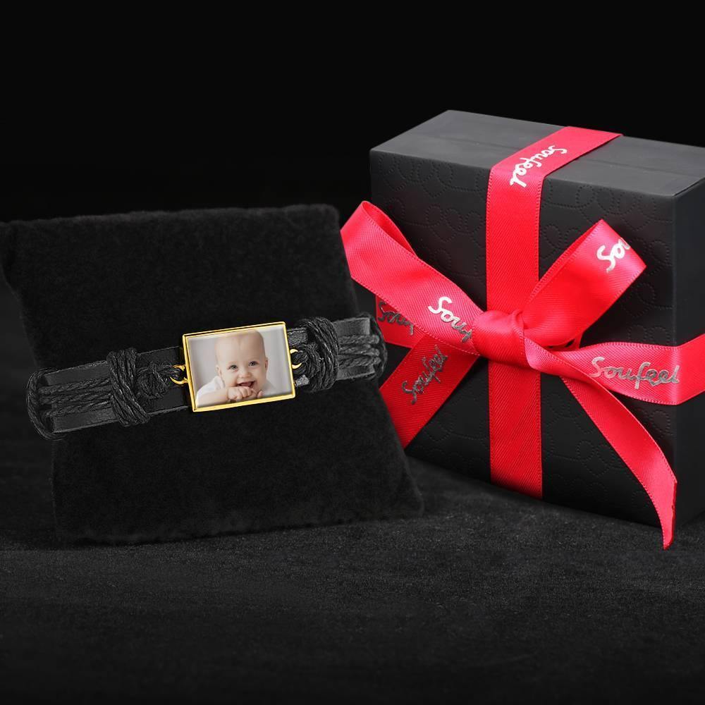 Photo Bracelet, Keepsake Gift Black Leather Square-shaped 14K Plated Gold Golden - Colorful