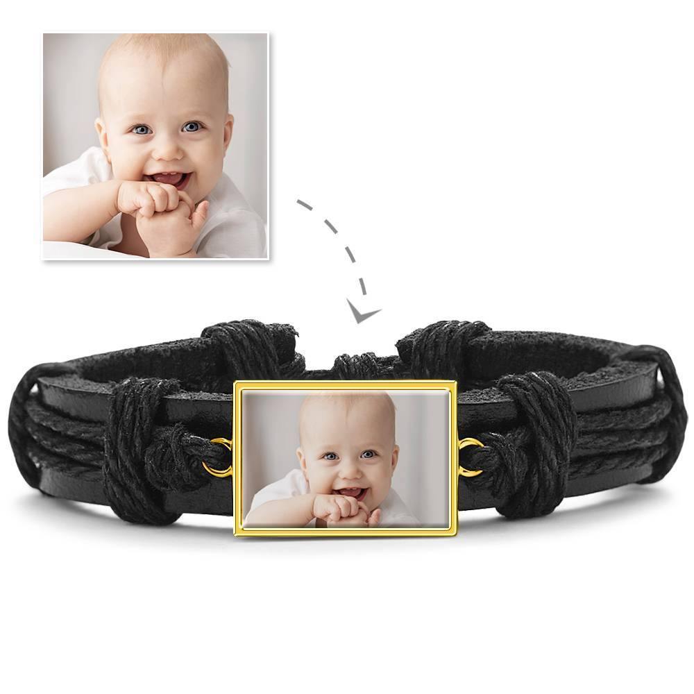 Photo Bracelet, Keepsake Gift Black Leather Square-shaped 14K Plated Gold Golden - Colorful