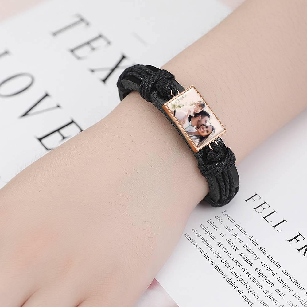 Photo Bracelet, Keepsake Gift Black Leather Square-shaped Rose Gold Plated - Colorful