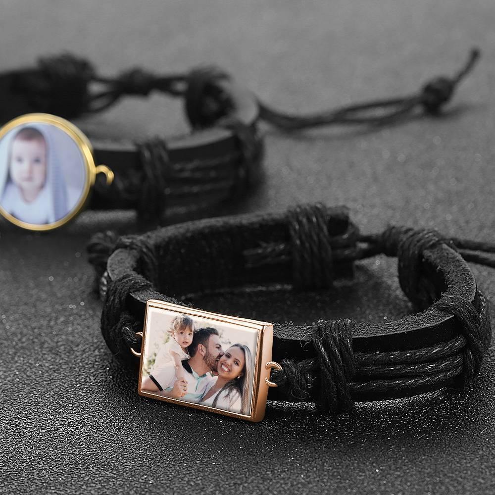 Photo Bracelet, Keepsake Gift Black Leather Square-shaped Rose Gold Plated - Colorful