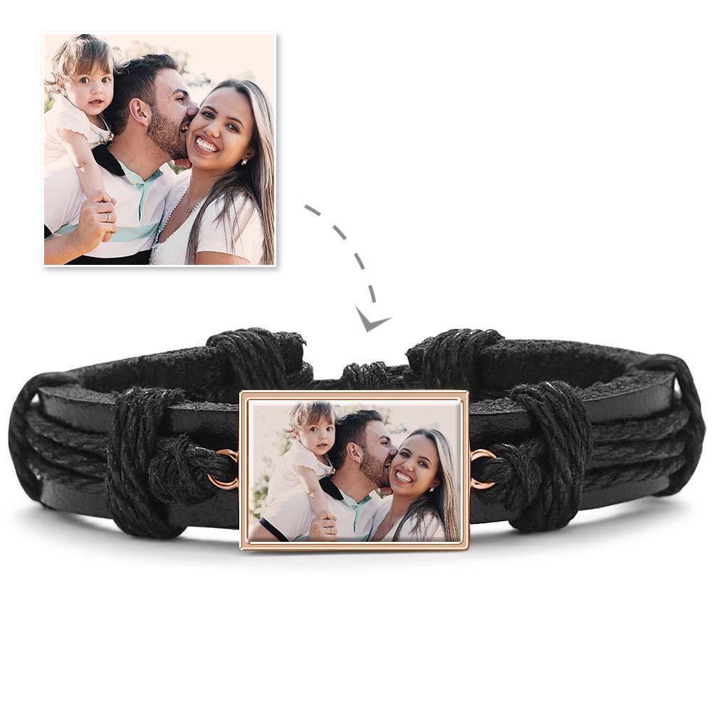 Photo Bracelet, Keepsake Gift Black Leather Square-shaped Rose Gold Plated - Colorful