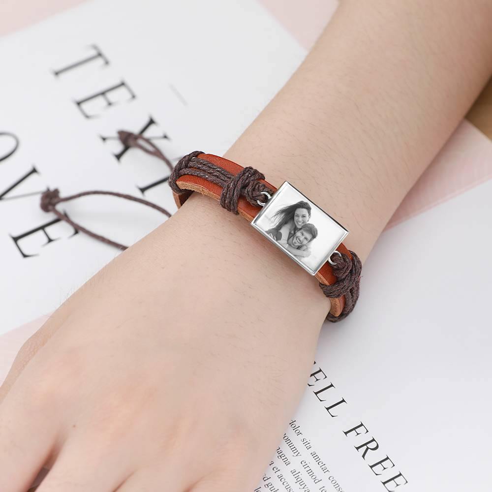 Photo Bracelet, Unique Gift Brown Leather Square-shaped Platinum Plated Silver - Photocopying