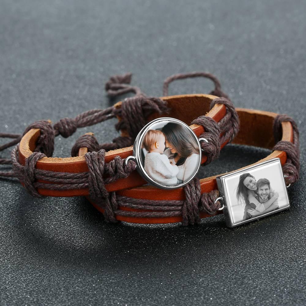 Photo Bracelet, Unique Gift Brown Leather Square-shaped Platinum Plated Silver - Photocopying