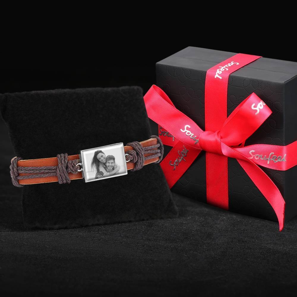 Photo Bracelet, Unique Gift Brown Leather Square-shaped Platinum Plated Silver - Photocopying