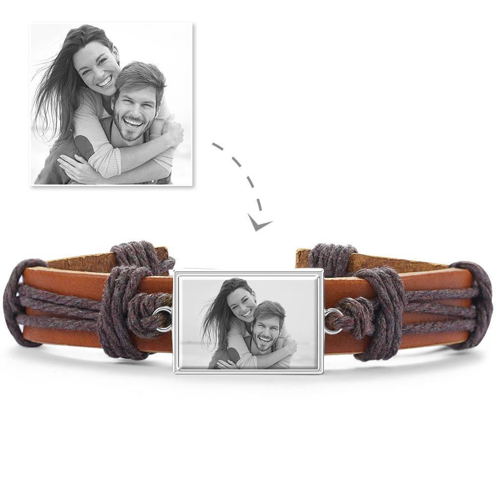 Photo Bracelet, Keepsake Gift Brown Leather Square-shaped Rose Gold Plated - Photocopying