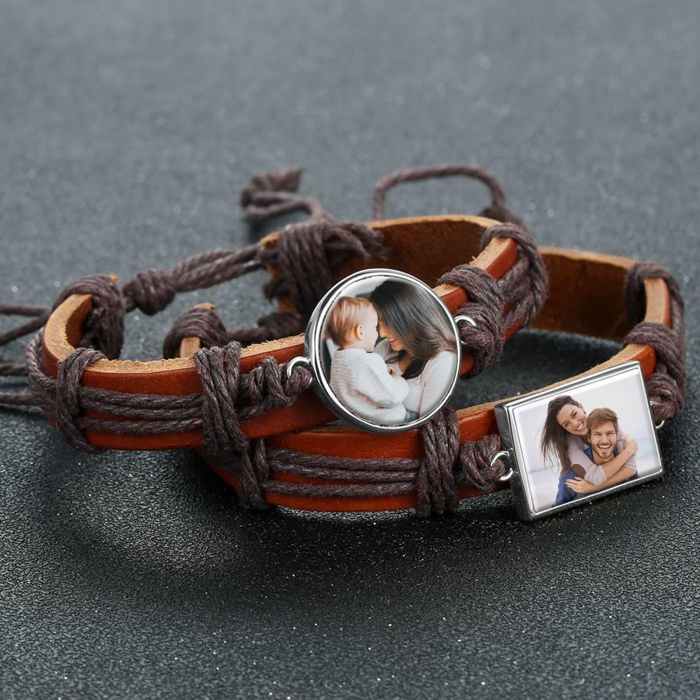 Photo Bracelet, Unique Gift Brown Leather Square-shaped Platinum Plated Silver - Colorful