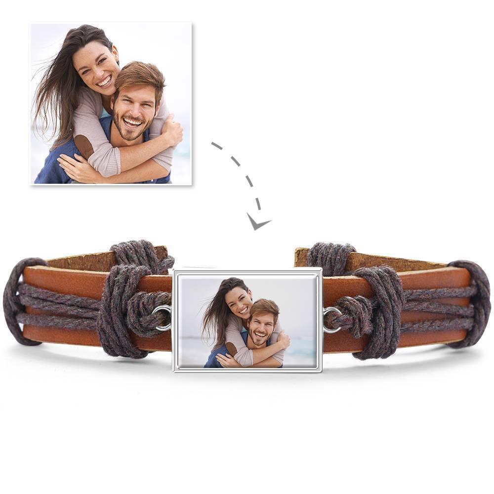 Photo Bracelet, Unique Gift Brown Leather Square-shaped Platinum Plated Silver - Colorful