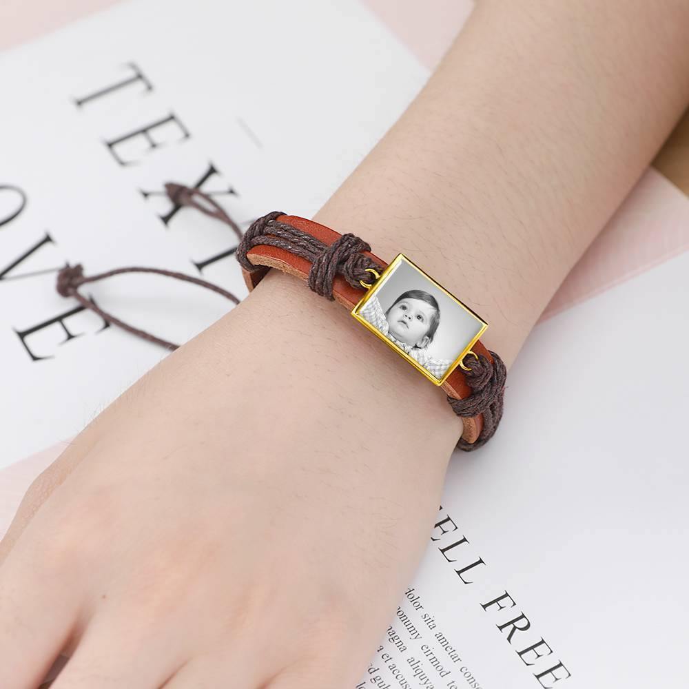 Photo Bracelet, Unique Gift Brown Leather Square-shaped 14K Plated Gold Golden - Photocopying