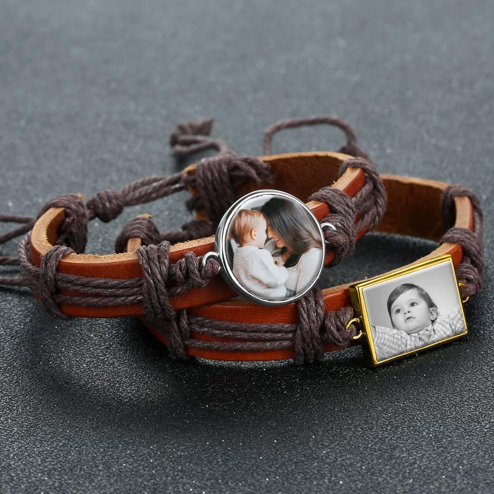 Photo Bracelet, Unique Gift Brown Leather Square-shaped 14K Plated Gold Golden - Photocopying