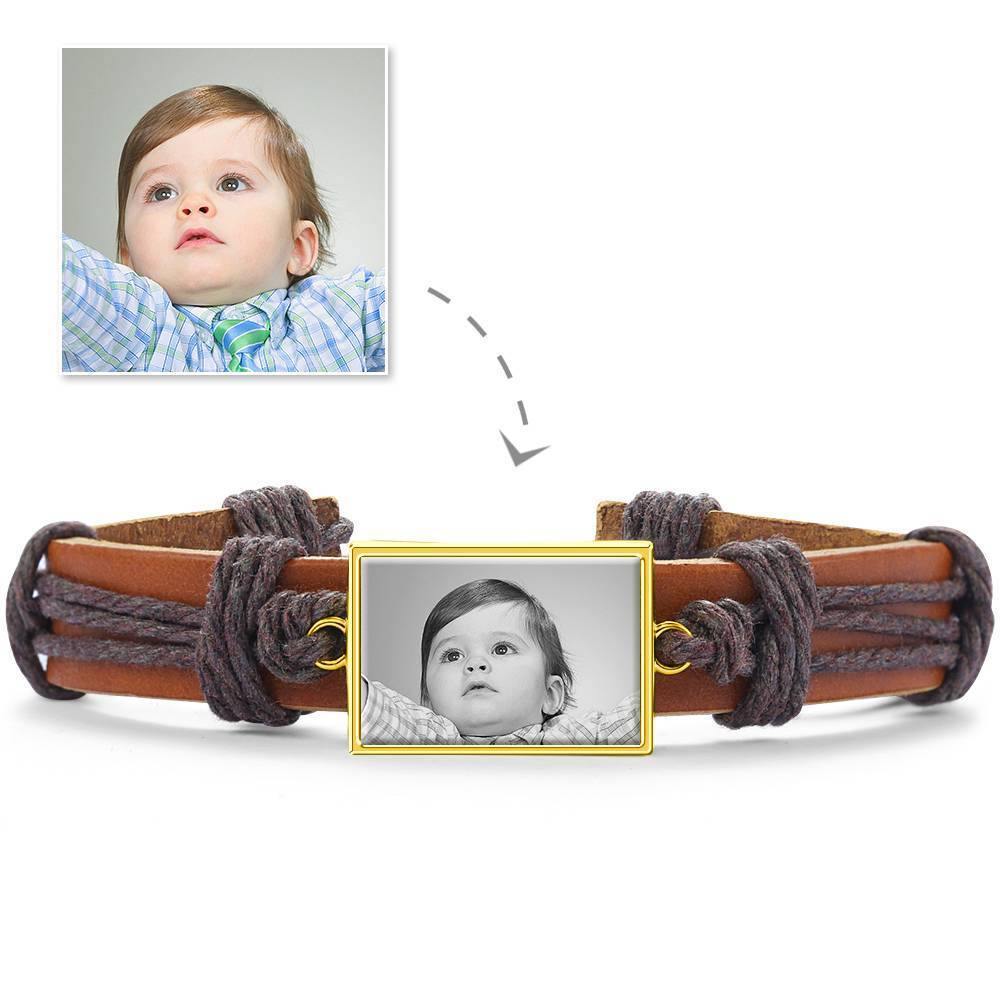 Photo Bracelet, Unique Gift Brown Leather Square-shaped Platinum Plated Silver - Photocopying