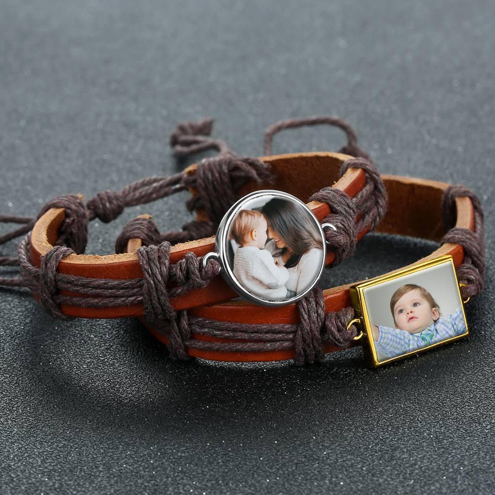 Photo Bracelet, Keepsake Gift Brown Leather Square-shaped 14K Plated Gold Golden - Colorful