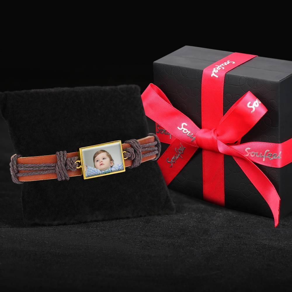 Photo Bracelet, Keepsake Gift Brown Leather Square-shaped 14K Plated Gold Golden - Colorful