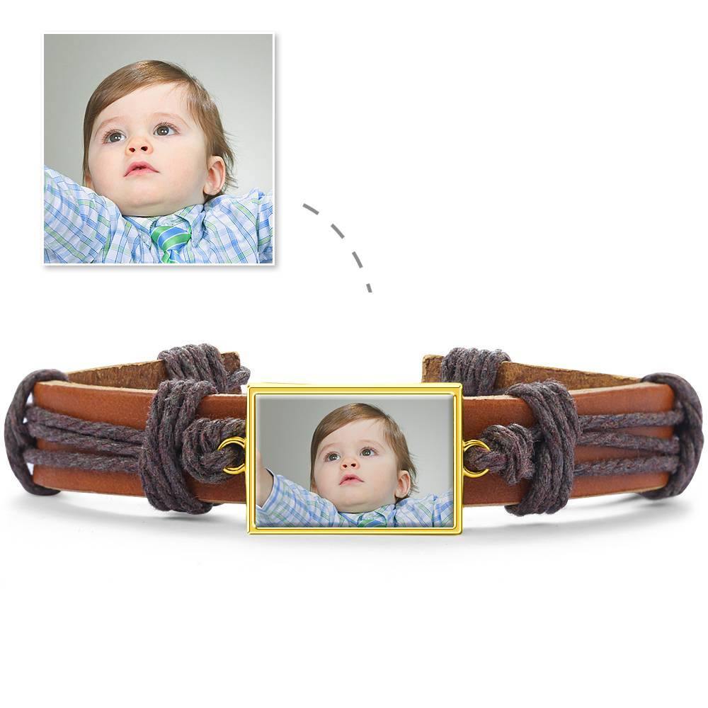 Photo Bracelet, Keepsake Gift Brown Leather Square-shaped 14K Plated Gold Golden - Colorful