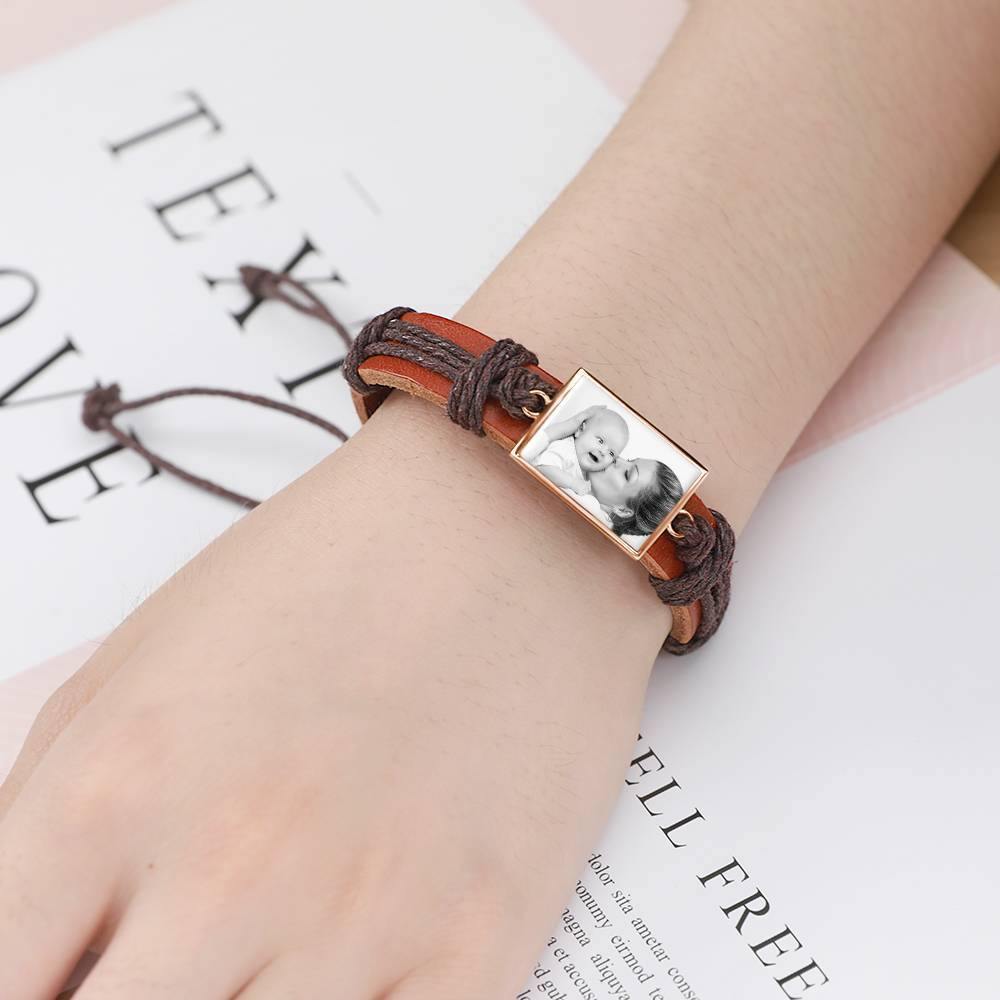 Photo Bracelet, Keepsake Gift Brown Leather Square-shaped Rose Gold Plated - Photocopying