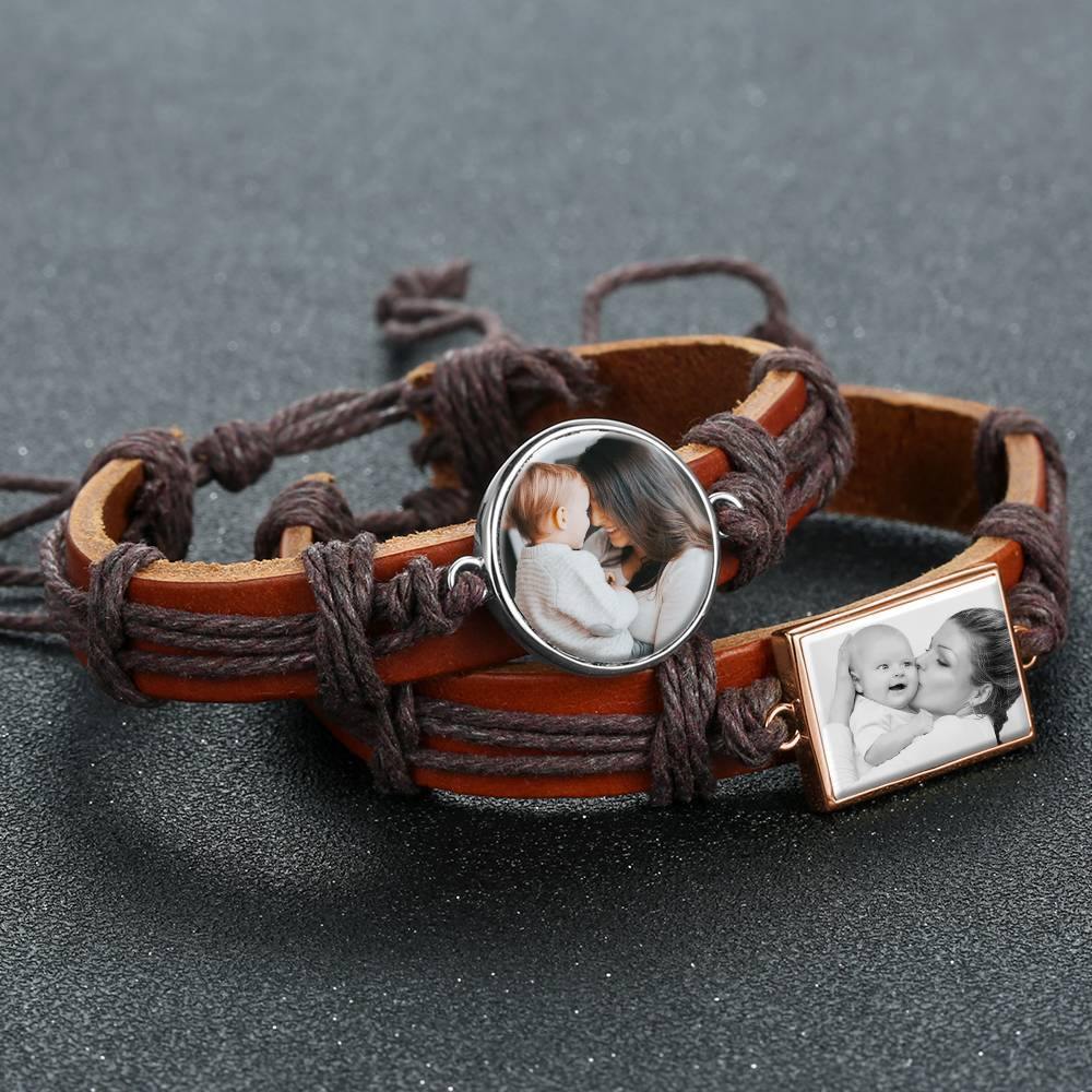 Photo Bracelet, Keepsake Gift Brown Leather Square-shaped Rose Gold Plated - Photocopying