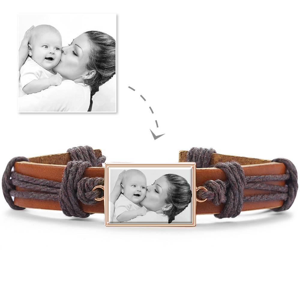 Photo Bracelet, Unique Gift Brown Leather Square-shaped Platinum Plated Silver - Photocopying