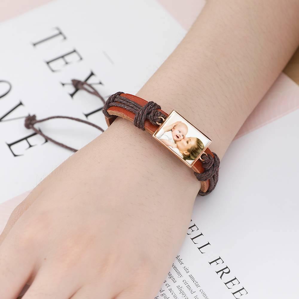 Photo Bracelet, Keepsake Gift Brown Leather Square-shaped Rose Gold Plated - Colorful