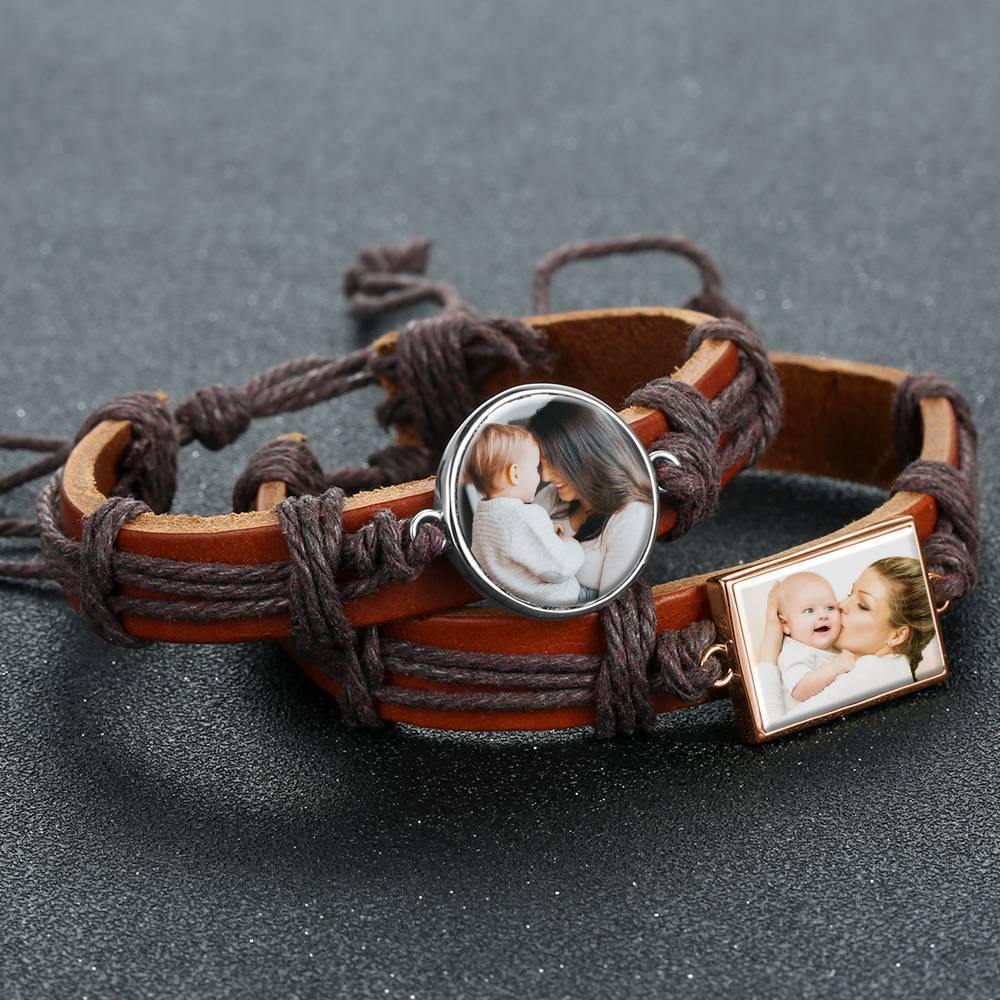 Photo Bracelet, Keepsake Gift Brown Leather Square-shaped Rose Gold Plated - Colorful