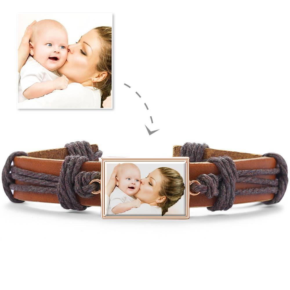 Photo Bracelet, Keepsake Gift Brown Leather Square-shaped Rose Gold Plated - Colorful