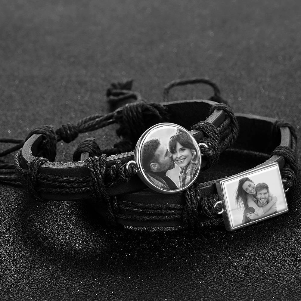 Photo Bracelet, Keepsake Gift Black Leather Round-shaped Platinum Plated Silver - Photocopying