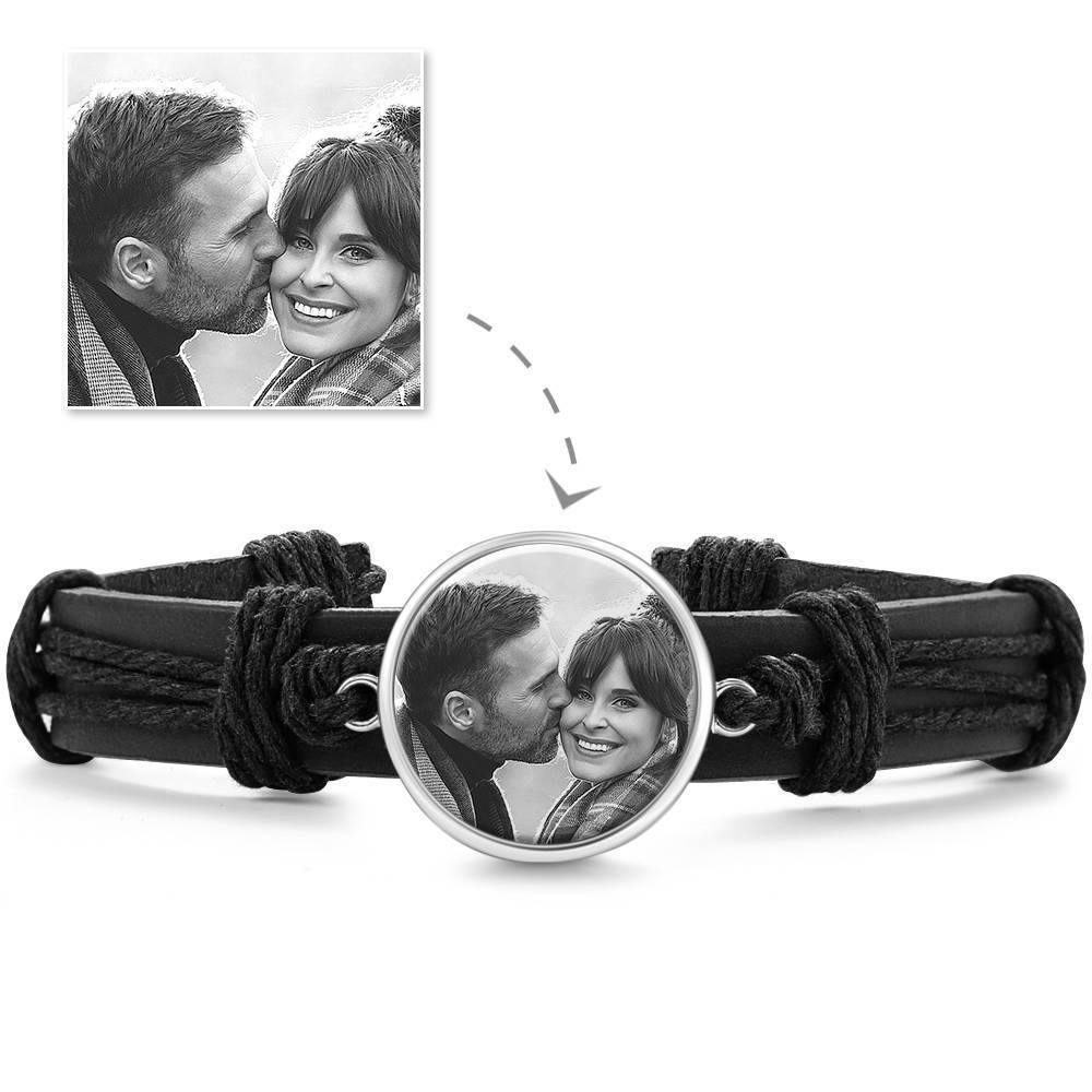 Photo Bracelet, Keepsake Gift Black Leather Round-shaped Platinum Plated Silver - Photocopying