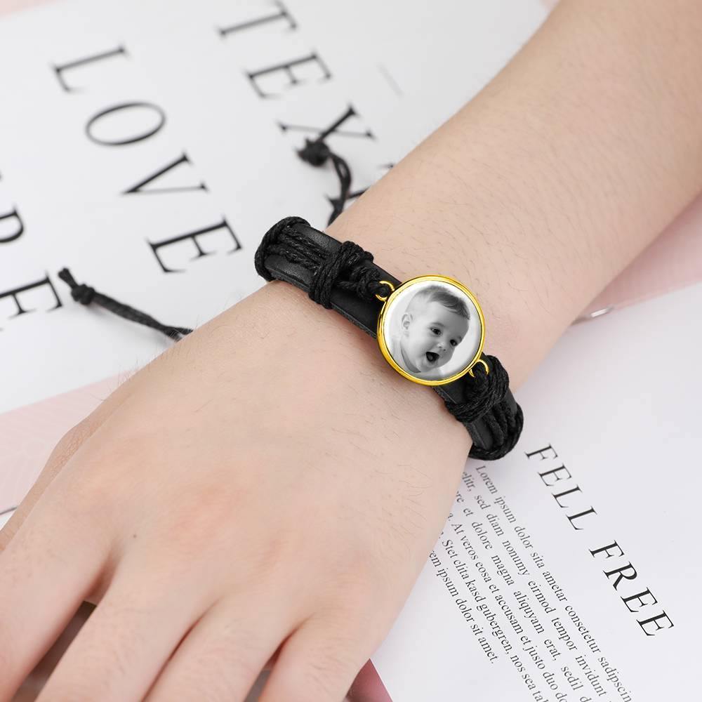 Photo Bracelet, Keepsake Gift Black LeatherRound-shaped 14K Plated Gold Golden - Photocopying
