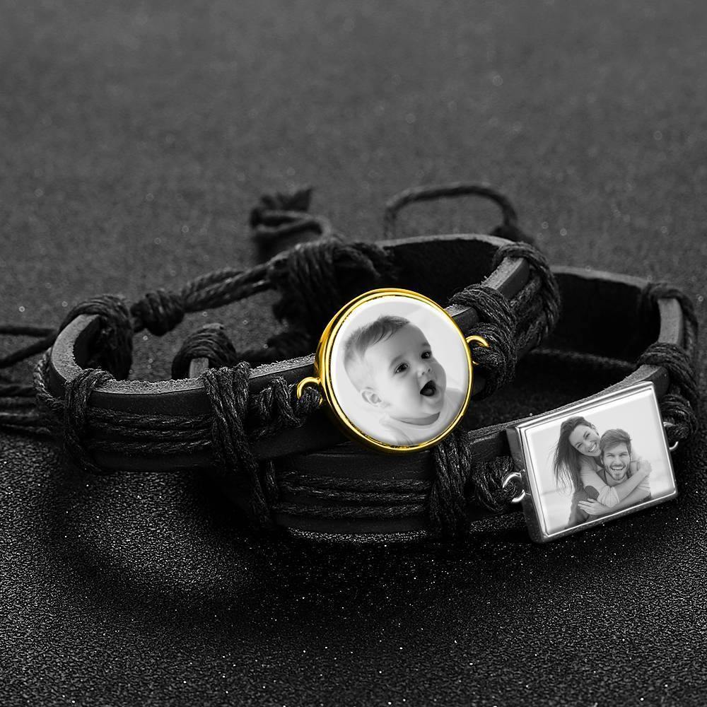 Photo Bracelet, Keepsake Gift Black LeatherRound-shaped 14K Plated Gold Golden - Photocopying