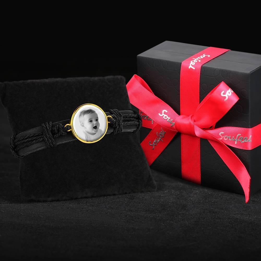 Photo Bracelet, Keepsake Gift Black LeatherRound-shaped 14K Plated Gold Golden - Photocopying