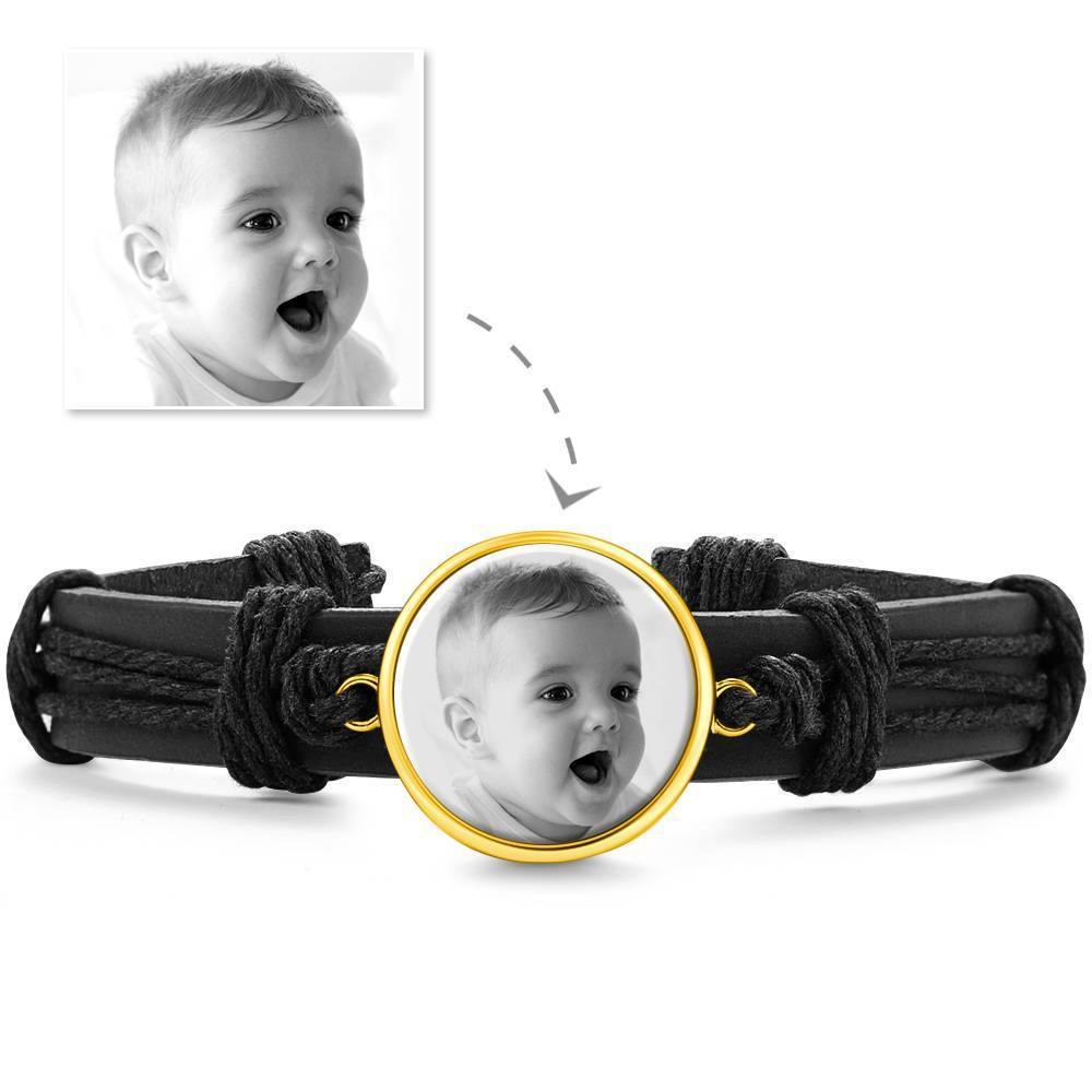 Photo Bracelet, Keepsake Gift Black LeatherRound-shaped 14K Plated Gold Golden - Photocopying