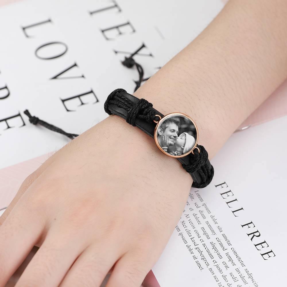 Photo Bracelet, Keepsake Gift Black Leather Round-shaped Rose Gold Plated - Photocopying