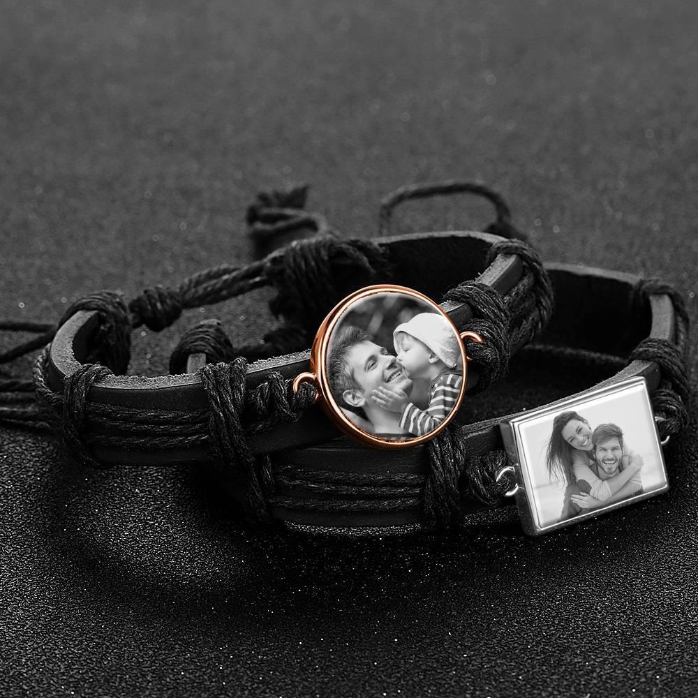 Photo Bracelet, Keepsake Gift Black Leather Round-shaped Rose Gold Plated - Photocopying