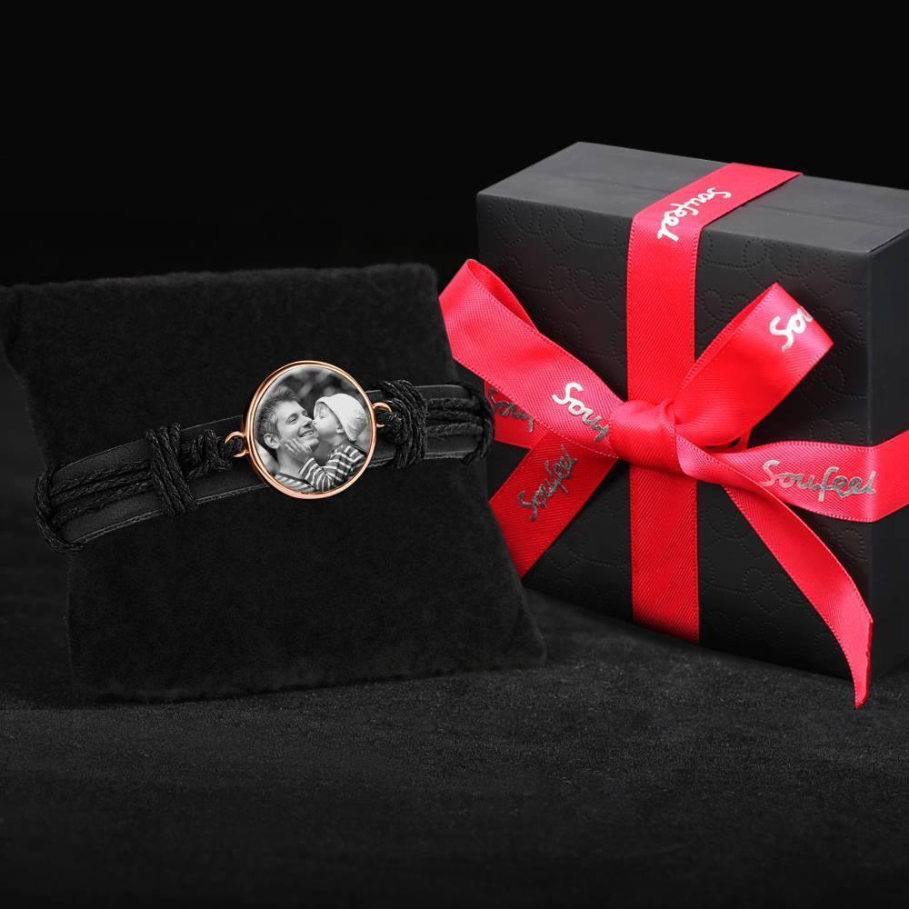 Photo Bracelet, Keepsake Gift Black Leather Round-shaped Rose Gold Plated - Photocopying