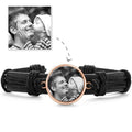 Photo Bracelet, Keepsake Gift Black Leather Round-shaped Rose Gold Plated - Photocopying
