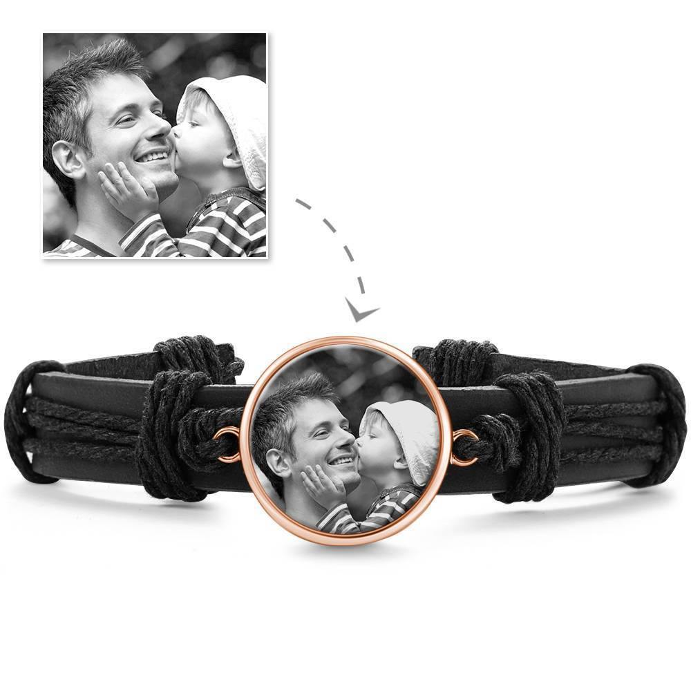 Photo Bracelet, Keepsake Gift Black Leather Round-shaped Rose Gold Plated - Photocopying